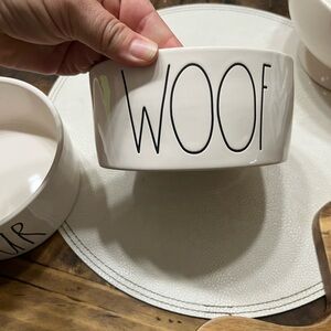 Set of 2 Rae Dunn White 'Woof' and “Devour” Dog Bowls
